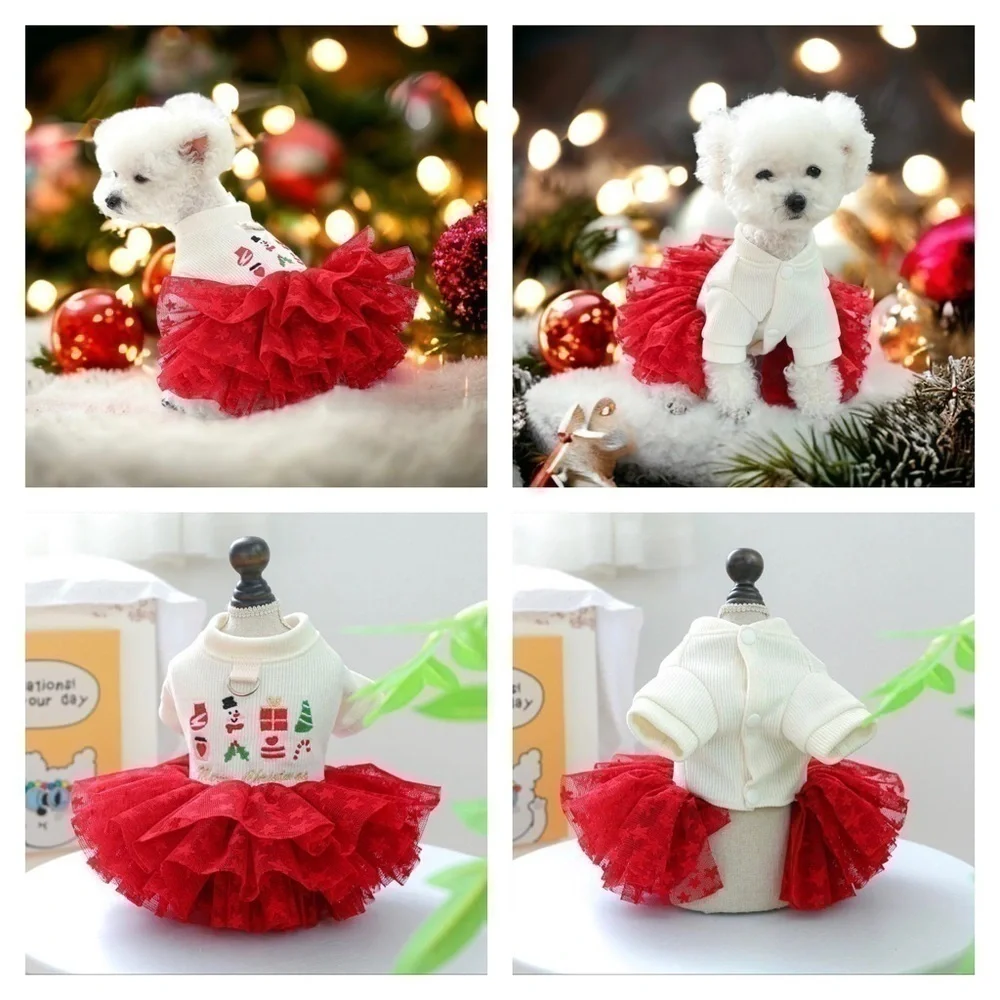 Christmas Puppy Dog Dress Lace Tulle Bottom Leash attachment Beige Red Small